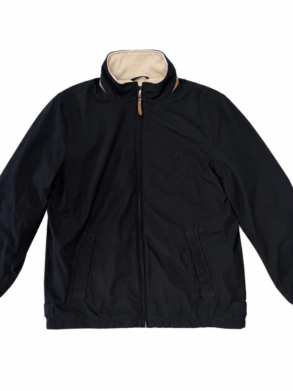 Nautica Men's Black Zip Jacket with Cream Lining Trim